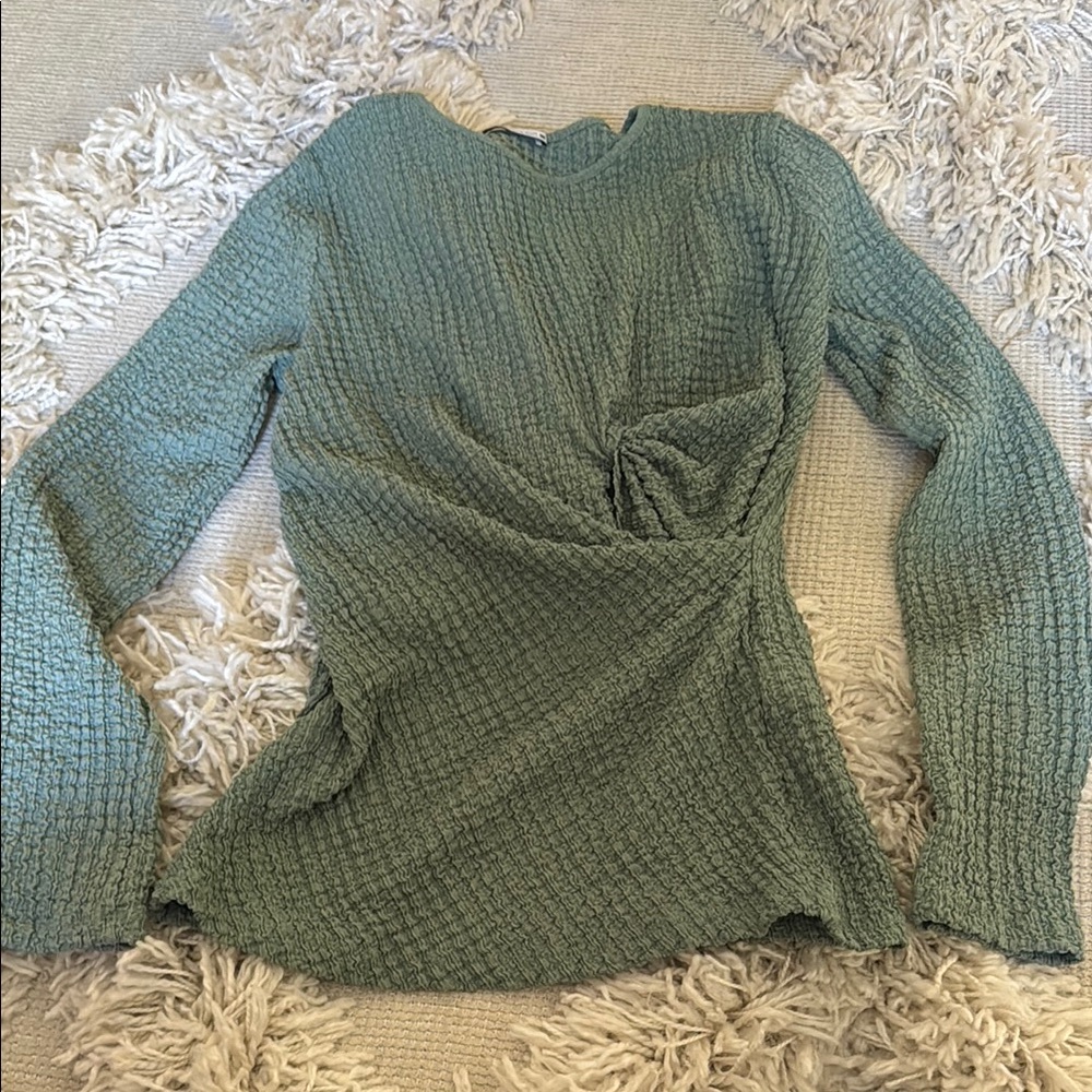 Zara Green Ribbed Ruched Long Sleeve Top